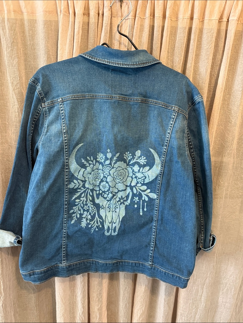 Blue Denim Jacket with Floral Bull Skull Print